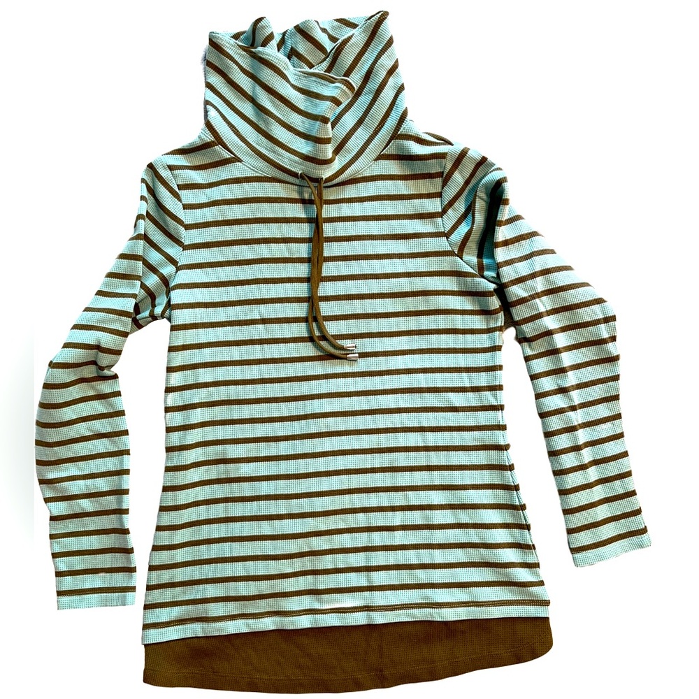 d & Co Flannel/Waffle Knit Funnel Neck turquoise and brown striped Tunic SzXXS
